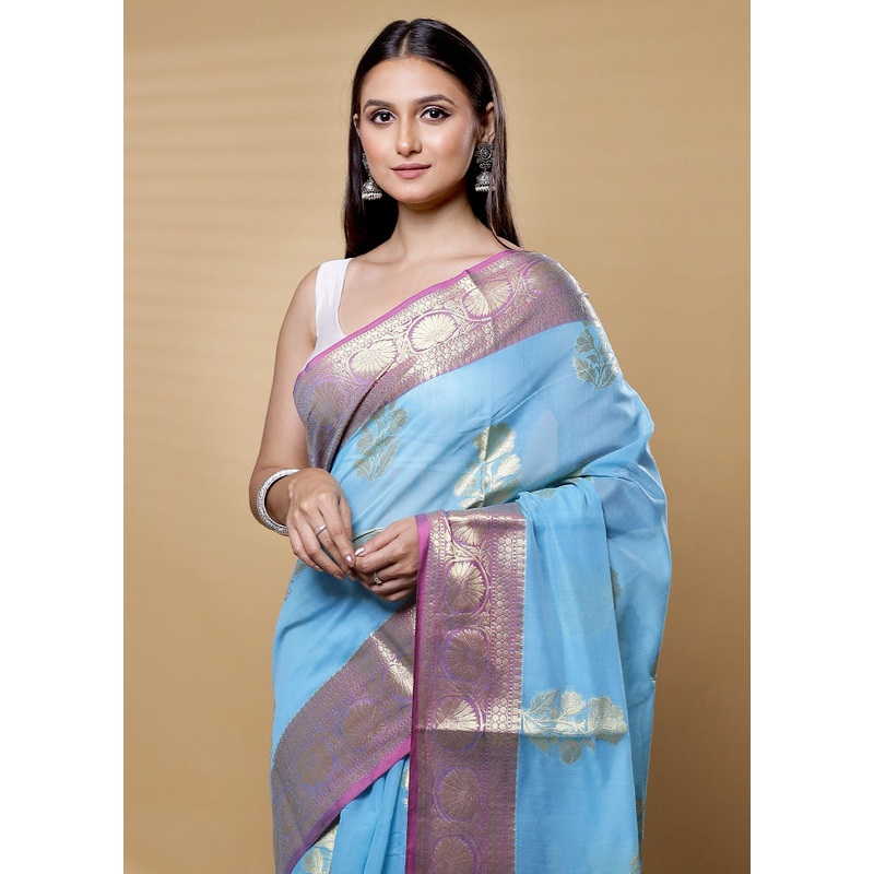 Blue Kora Silk Saree With Blouse Piece - JD986613634