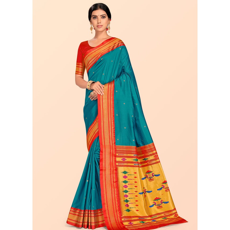 Blue Paithani Work Spun Silk Saree With Blouse Piece - JD986613578