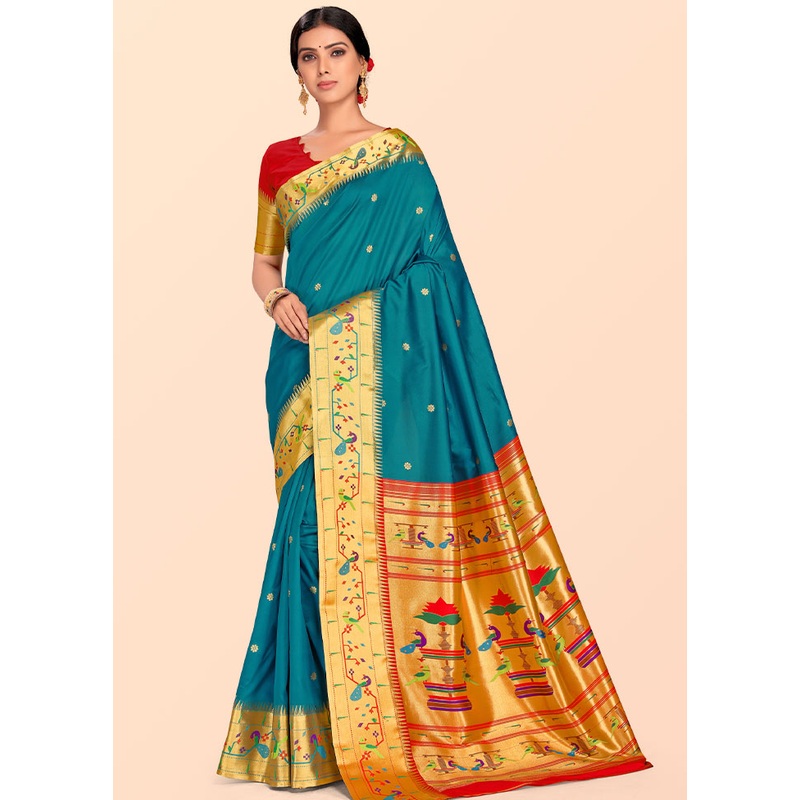 Blue Paithani Work Spun Silk Saree With Blouse Piece - JD986613588