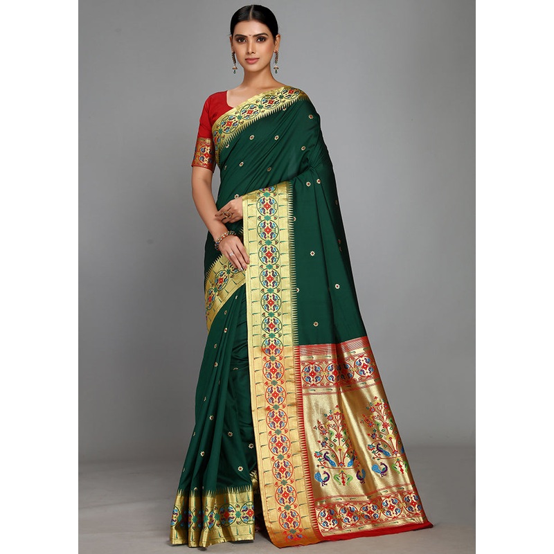 Bottle Green Paithani Spun Silk Saree With Blouse Piece - JD986613595