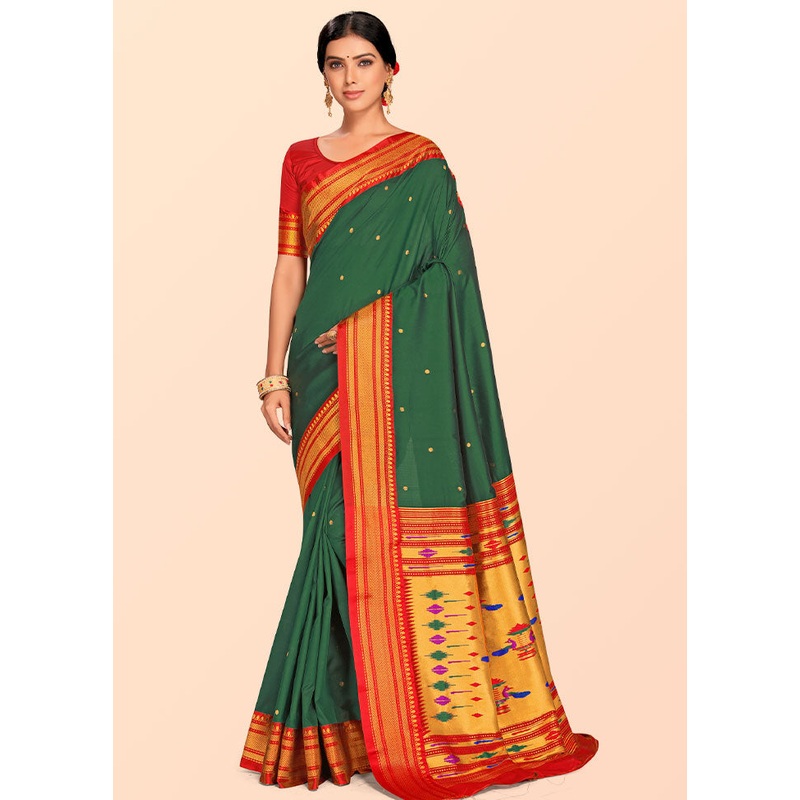 Bottle Green Paithani Work Spun Silk Saree With Blouse Piece - JD986613573