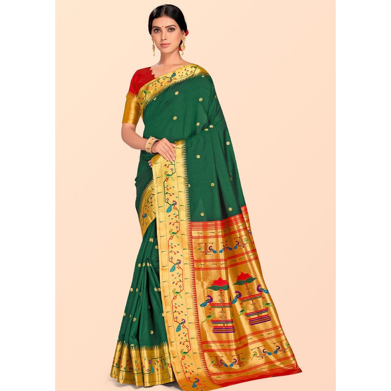 Bottle Green Paithani Work Spun Silk Saree With Blouse Piece - JD986613585
