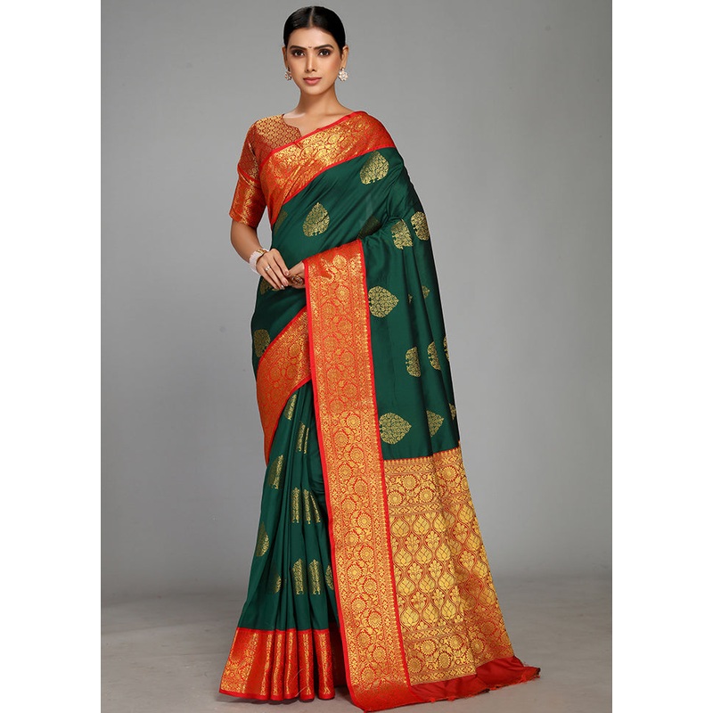 Bottle Green Spun Silk Saree With Blouse Piece - JD986613606