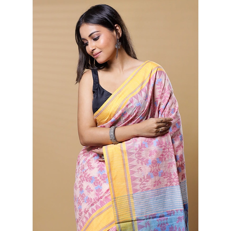 Cream Cotton Saree With Blouse Piece - JD986613514