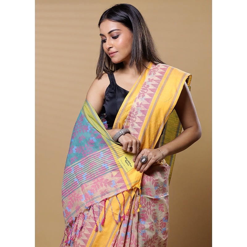 Cream Cotton Saree With Blouse Piece - JD986613517