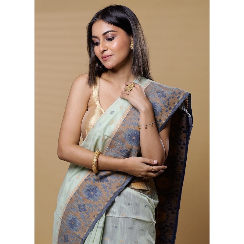 Green Cotton Saree With Blouse Piece - JD986613505