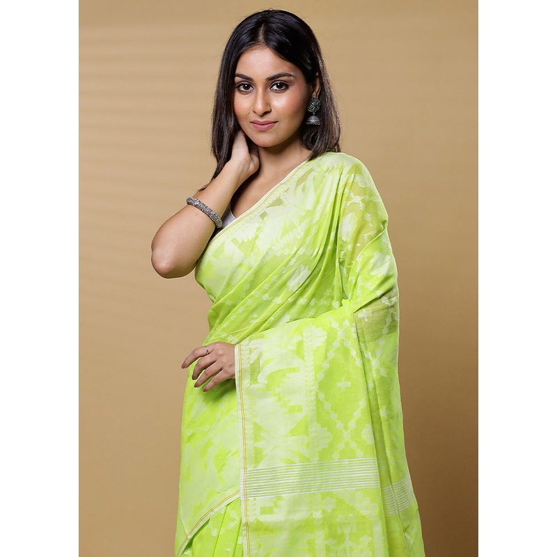 Green Cotton Saree With Blouse Piece - JD986613506
