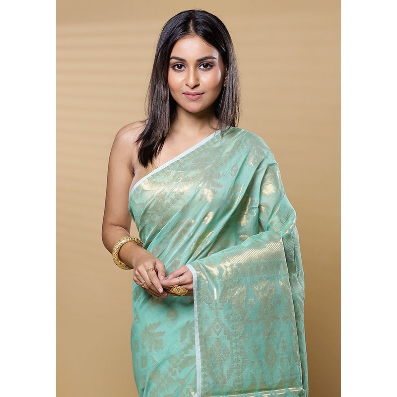 Green Cotton Saree With Blouse Piece - JD986613507