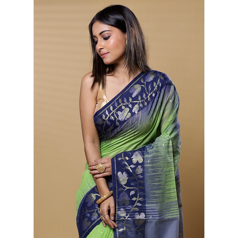 Green Cotton Saree With Blouse Piece - JD986613510