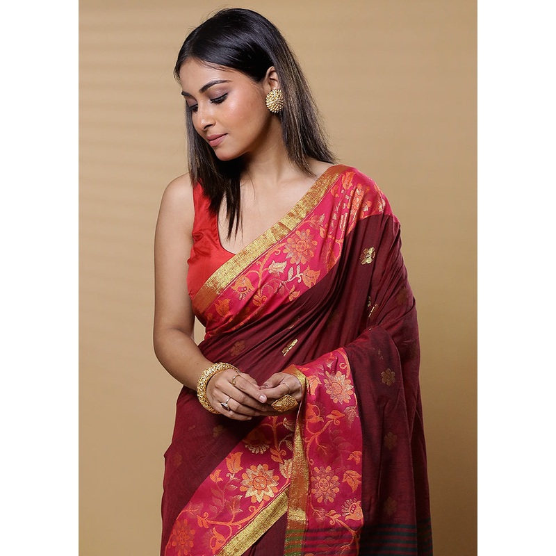 Green Cotton Saree With Blouse Piece - JD986613511