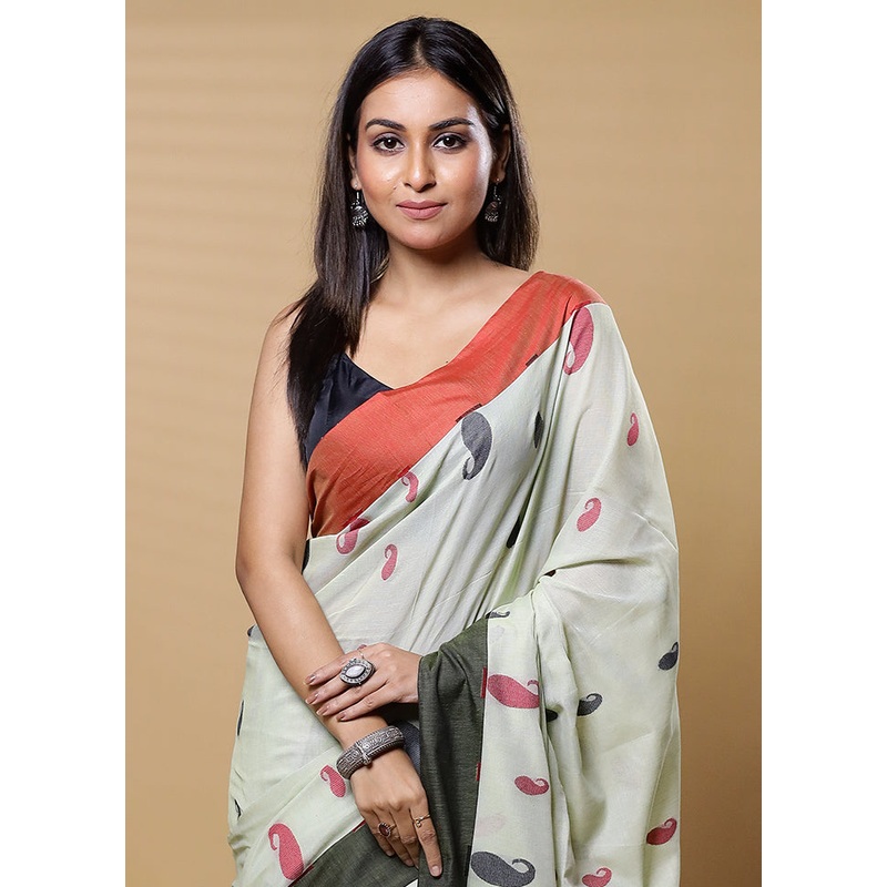 Green Cotton Saree With Blouse Piece - JD986613618