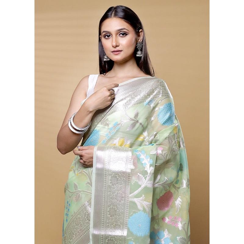Green Organza Saree With Blouse Piece - JD986613629