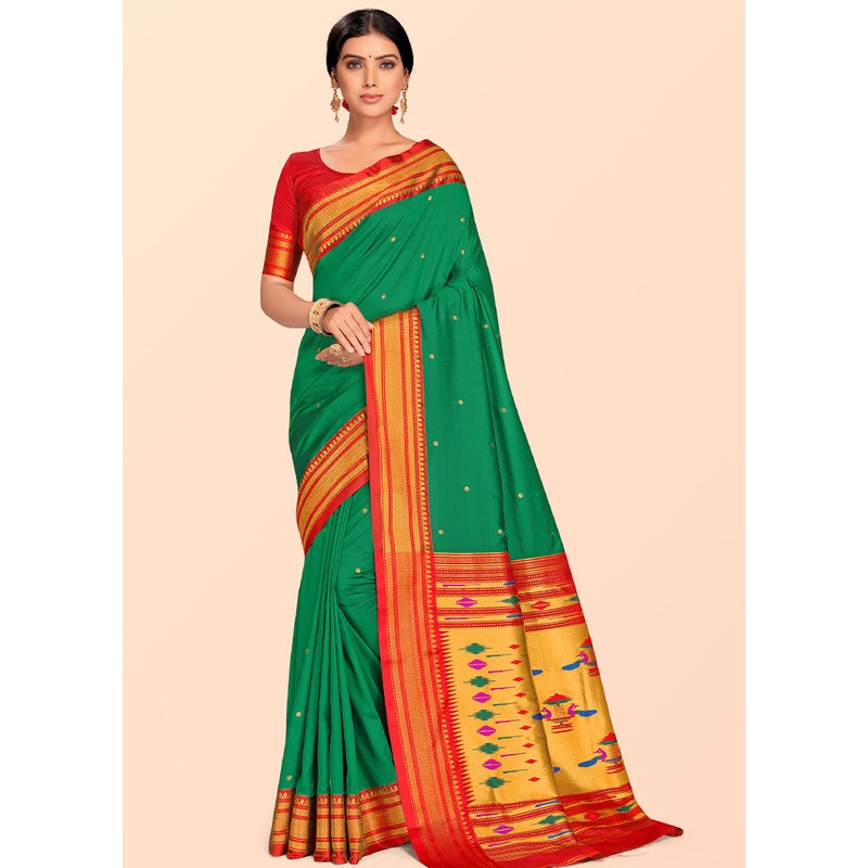 Green Paithani Work Spun Silk Saree With Blouse Piece - JD986613574
