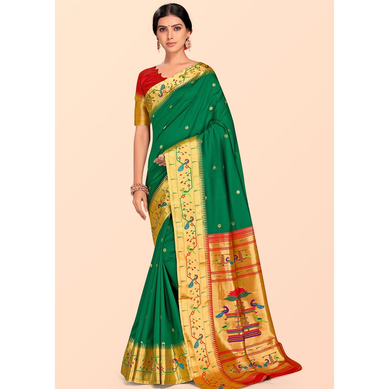 Green Paithani Work Spun Silk Saree With Blouse Piece - JD986613589