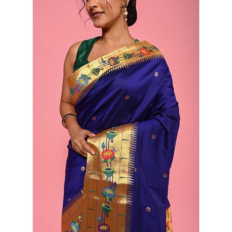 Indigo Blue Paithani Spun Silk Saree With Blouse Piece - JD986613594