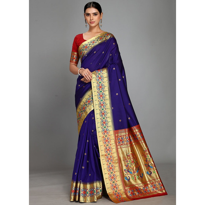 Indigo Blue Paithani Spun Silk Saree With Blouse Piece - JD986613600