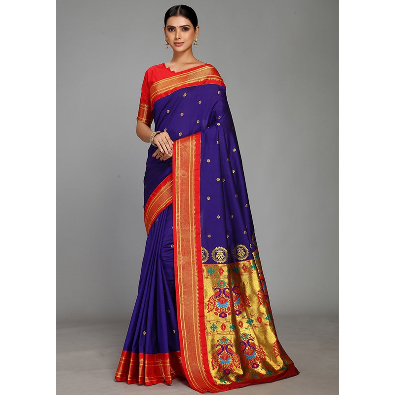 Indigo Blue Paithani Spun Silk Saree With Blouse Piece - JD986613604
