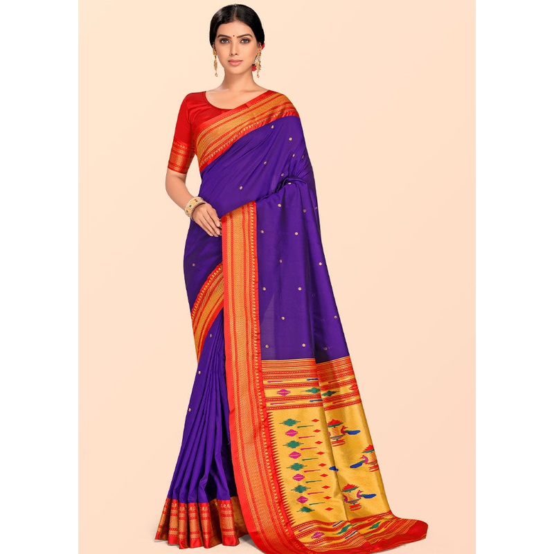 Indigo Blue Paithani Work Spun Silk Saree With Blouse Piece - JD986613579