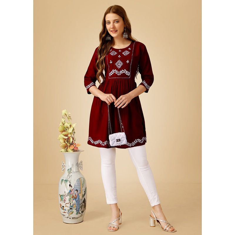 Maroon Readymade Rayon Kurti - JD986613692