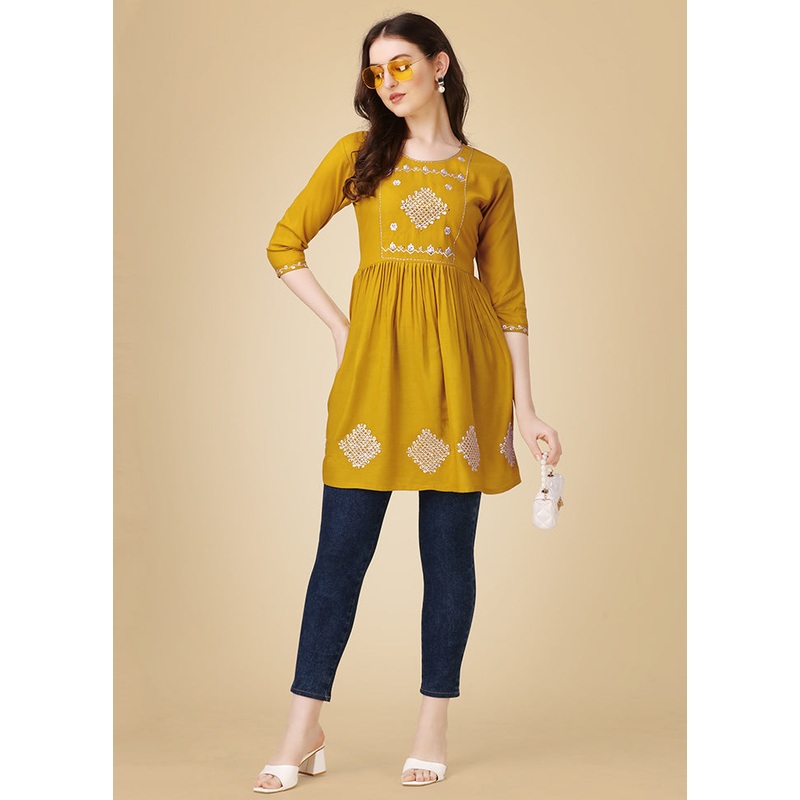Mustard Readymade Rayon Kurti - JD986613687