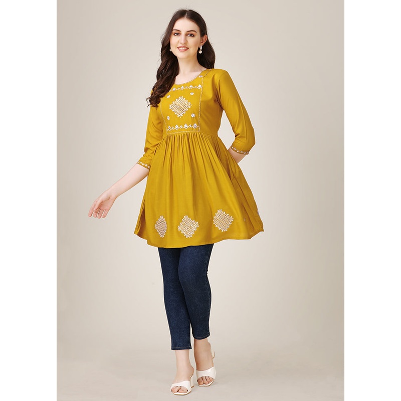Mustard Readymade Rayon Kurti - JD986613688