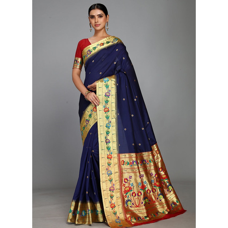 Navy Blue Paithani Spun Silk Saree With Blouse Piece - JD986613592