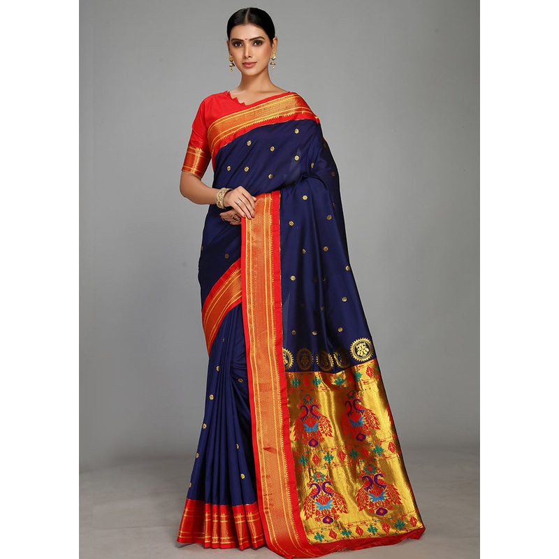 Navy Blue Paithani Spun Silk Saree With Blouse Piece - JD986613601