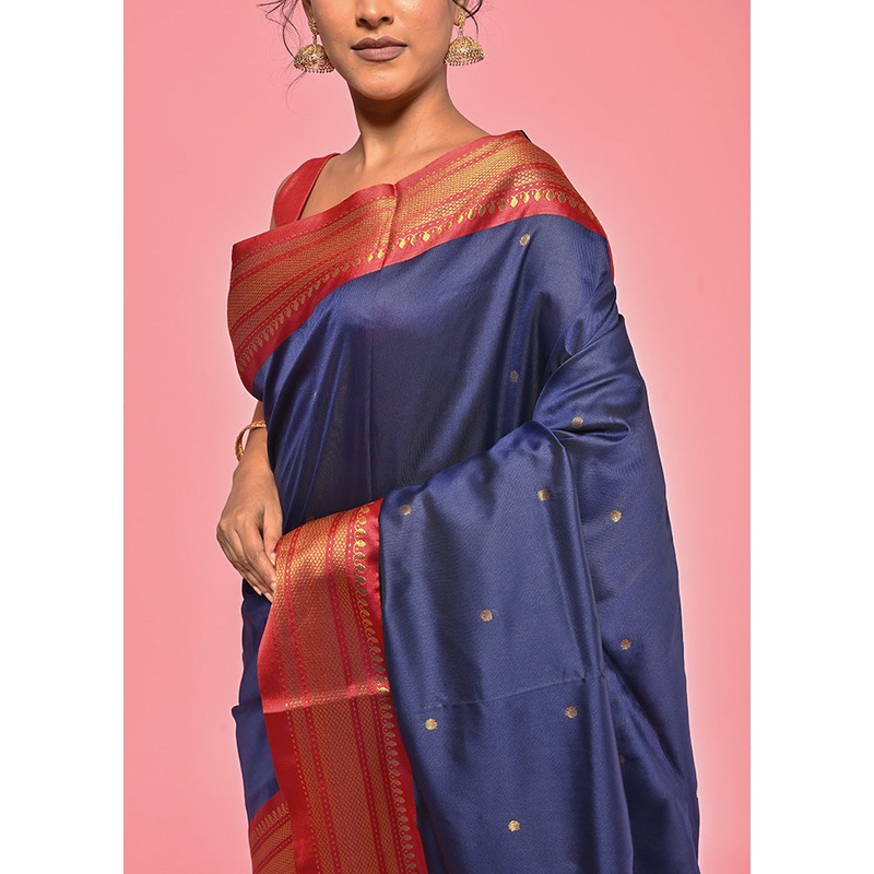Navy Blue Paithani Work Spun Silk Saree With Blouse Piece - JD986613577