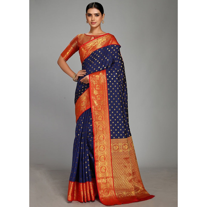Navy Blue Spun Silk Saree With Blouse Piece - JD986613610