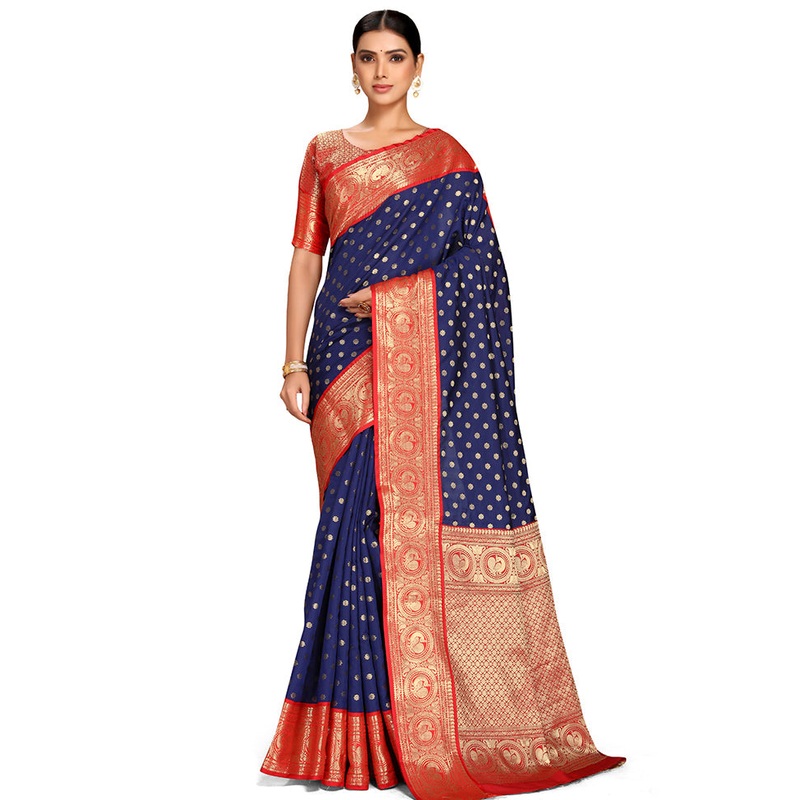 Navy Blue Spun Silk Saree With Blouse Piece - JD986613615