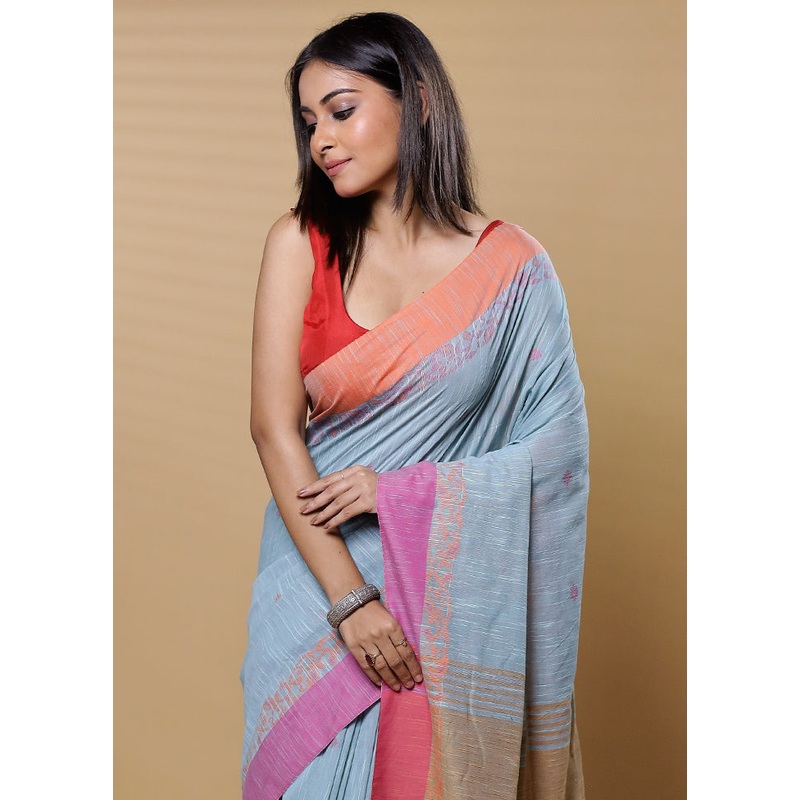 Orange Cotton Saree With Blouse Piece - JD986613497