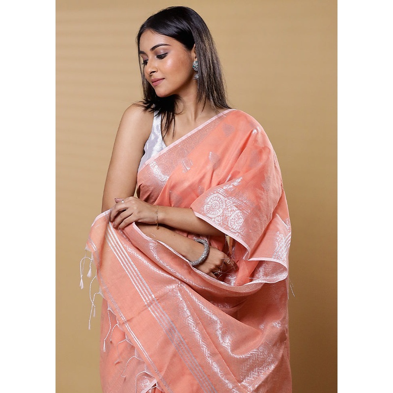 Orange Cotton Saree With Blouse Piece - JD986613498