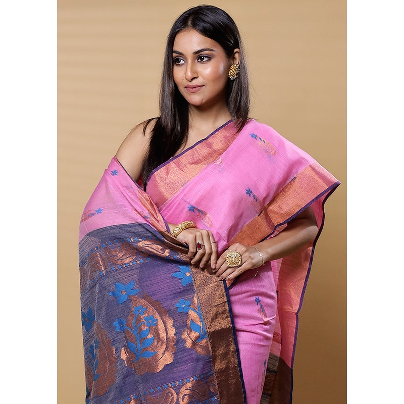 Pink Cotton Saree With Blouse Piece - JD986613495