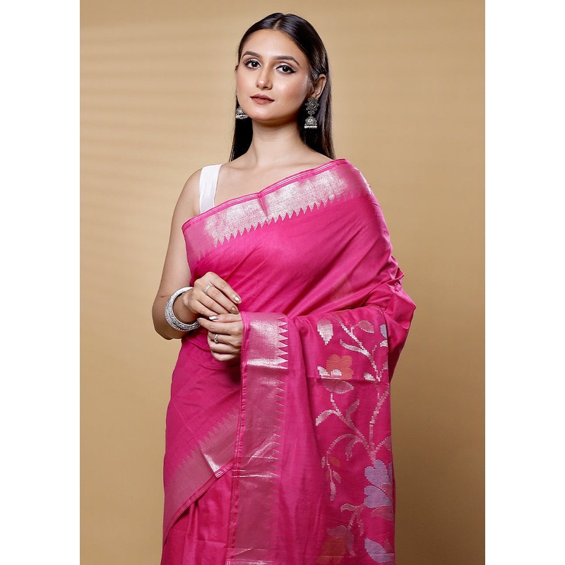 Pink Cotton Saree With Blouse Piece - JD986613627