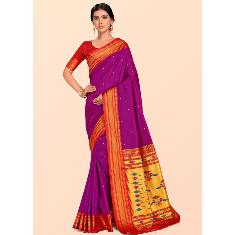 Purple Paithani Work Spun Silk Saree With Blouse Piece - JD986613575