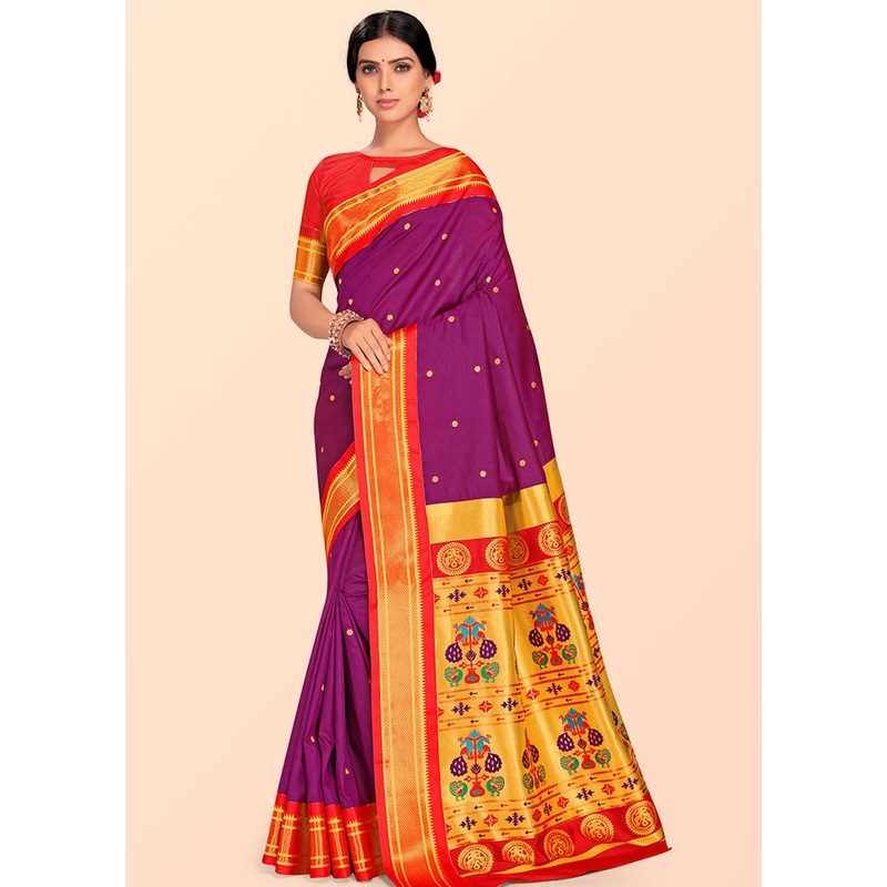 Purple Paithani Work Spun Silk Saree With Blouse Piece - JD986613582