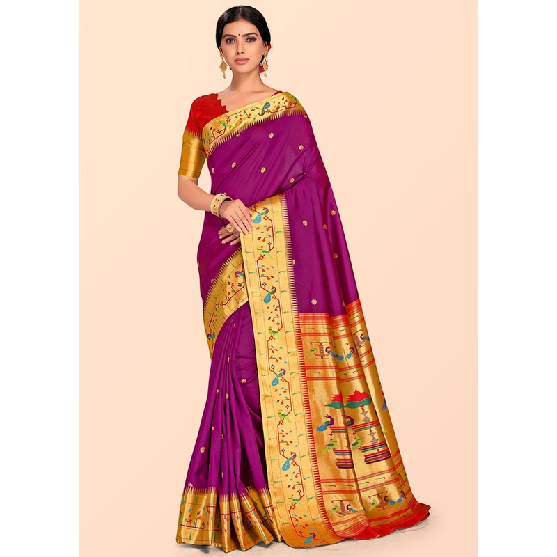 Purple Paithani Work Spun Silk Saree With Blouse Piece - JD986613587