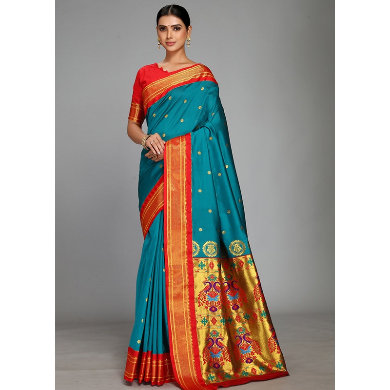 Rama Paithani Spun Silk Saree With Blouse Piece - JD986613605
