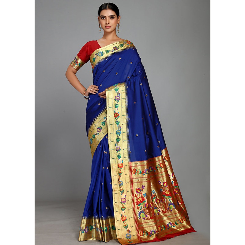 Royal Blue Paithani Spun Silk Saree With Blouse Piece - JD986613593