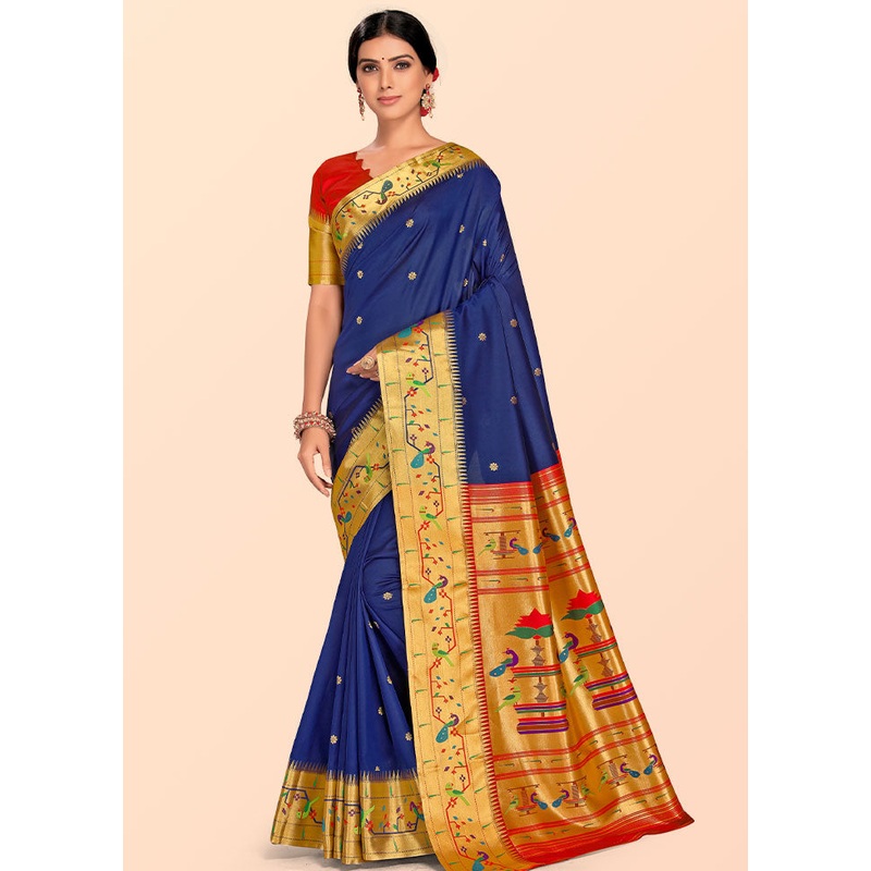 Royal Blue Paithani Work Spun Silk Saree With Blouse Piece - JD986613590