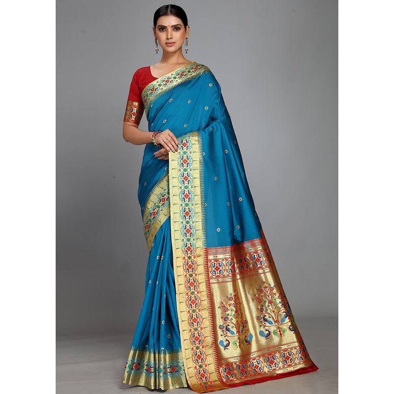 Sky Blue Paithani Spun Silk Saree With Blouse Piece - JD986613598