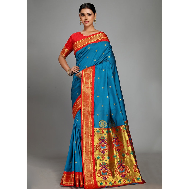 Sky Blue Paithani Spun Silk Saree With Blouse Piece - JD986613603