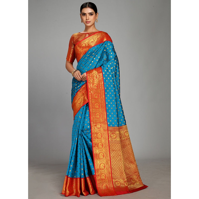 Sky Blue Spun Silk Saree With Blouse Piece - JD986613612