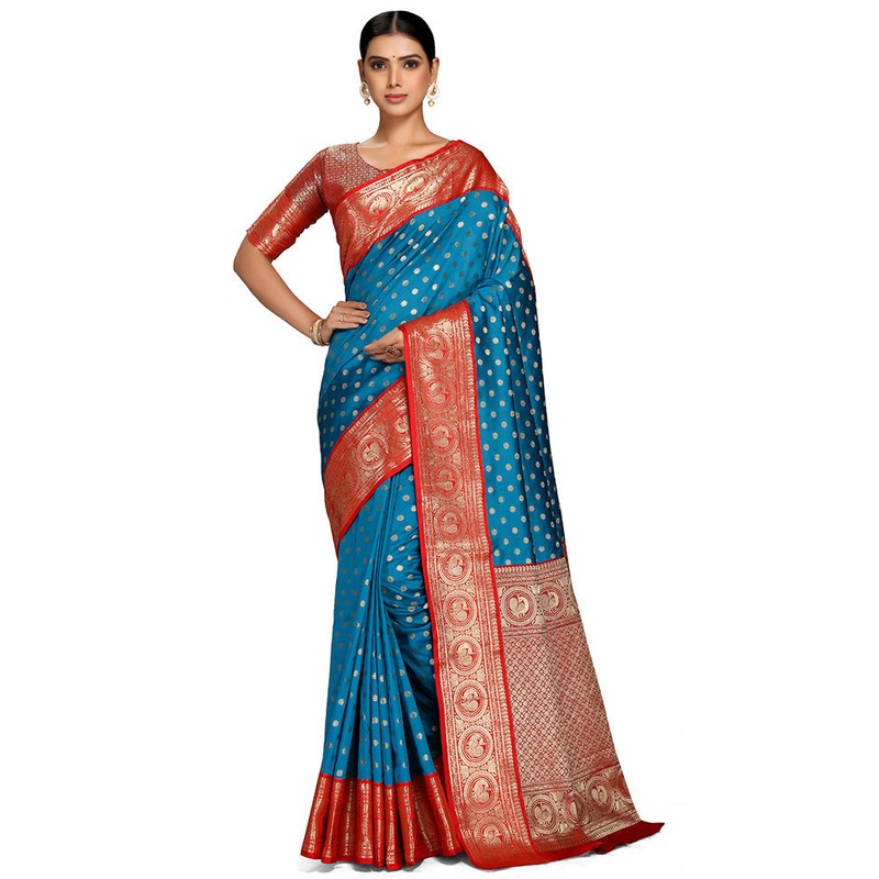 Sky Blue Spun Silk Saree With Blouse Piece - JD986613616