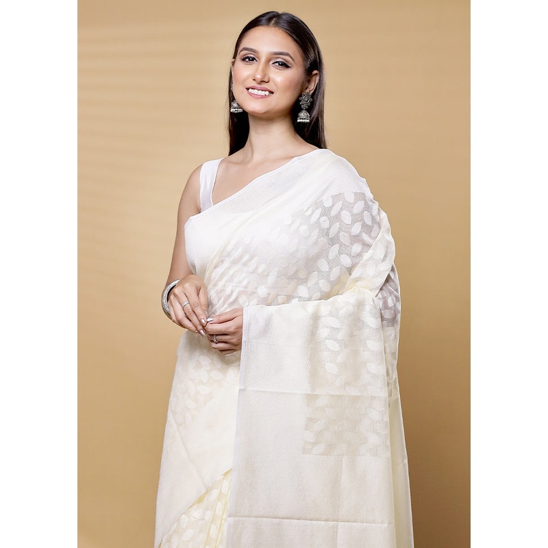 White Net Saree With Blouse Piece - JD986613633