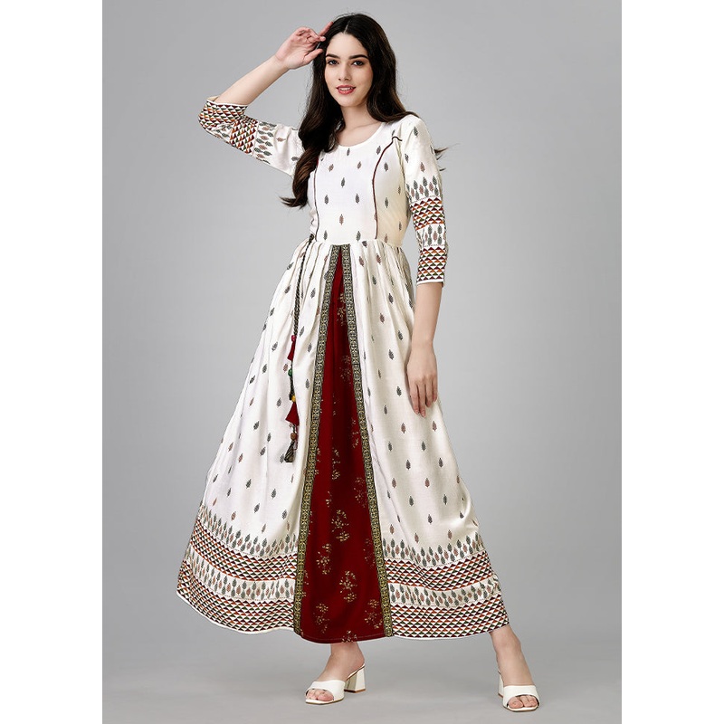 White Readymade Rayon Indian Dress - JD986613677