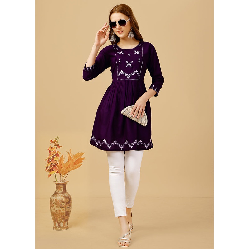 Wine Readymade Rayon Kurti - JD986613676