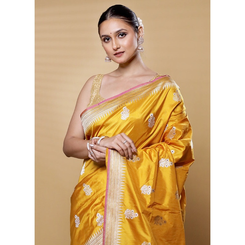 Yellow Handloom Katan Pure Silk Saree With Blouse Piece - JD986613623