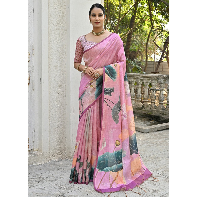 Baby Pink Cotton Saree With Blouse Piece - JD986613401