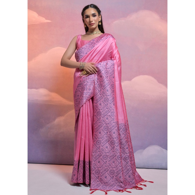 Baby Pink Dupion Silk Saree With Blouse Piece - JD986613400